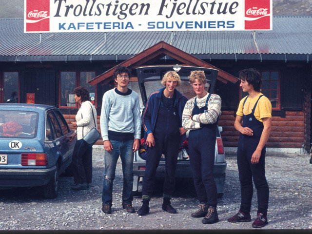 Rock Climbing Trollveggan Norway - Cafe on the Troll wall road. Simon Lee at right, Tom Valis at left.