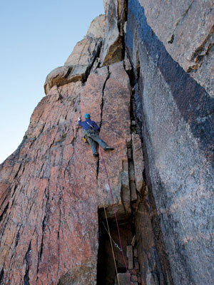 Joshua Lavigne leading a fine pitch to start the second day of the FA of Sensory Overload. North Face of Mount Asgard.
