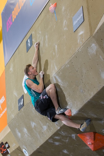 Jakob Schubert crushing problem 3 in the semi final. Photo: Miguel Jette_Bonuel Photography