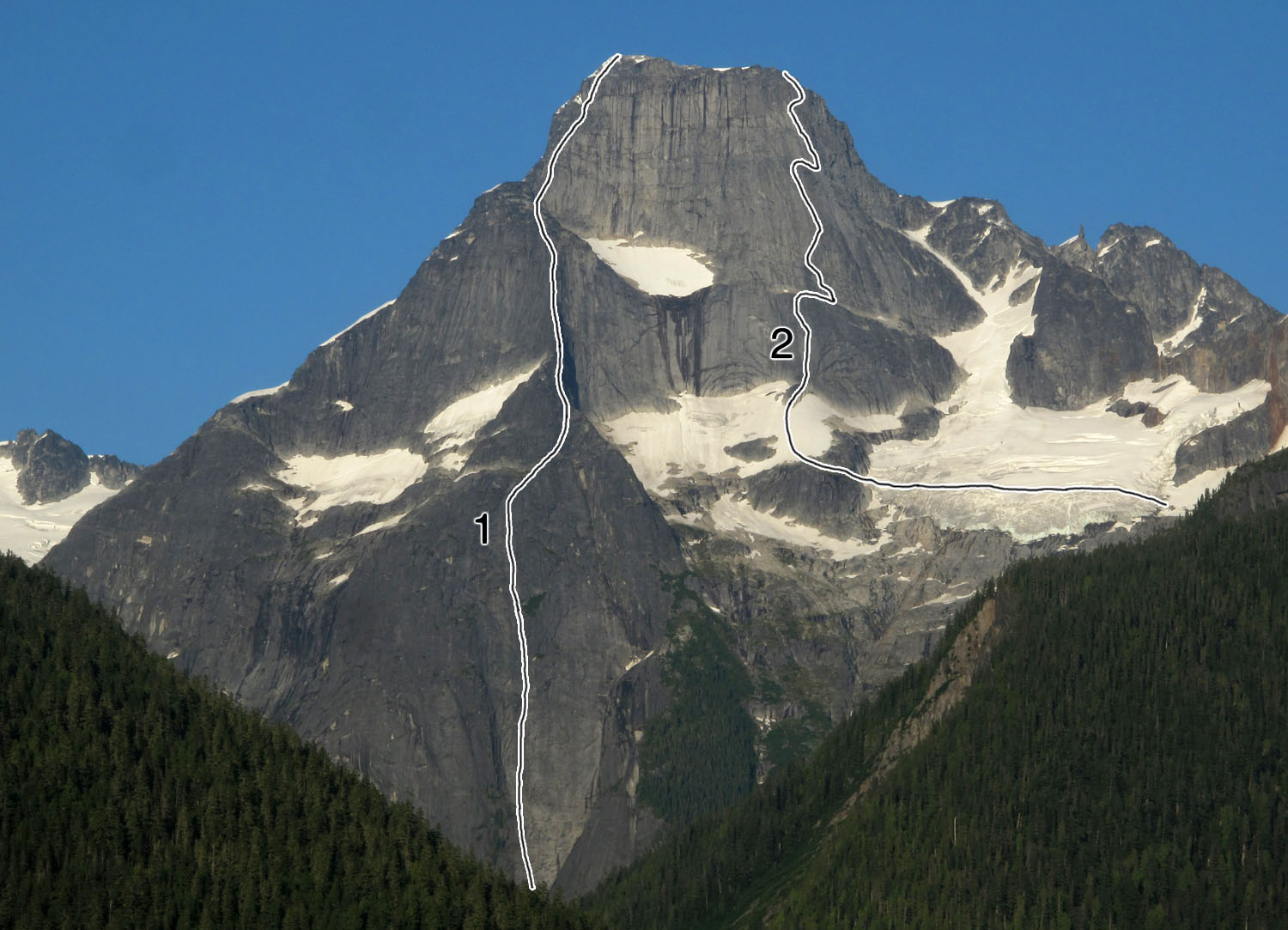 Mt. Bute, with (1) the 50-pitch School of Rock (Kay-Martinello-Sinnes, 2009), and (2) West Face (Foweraker-Serl, 1986). 