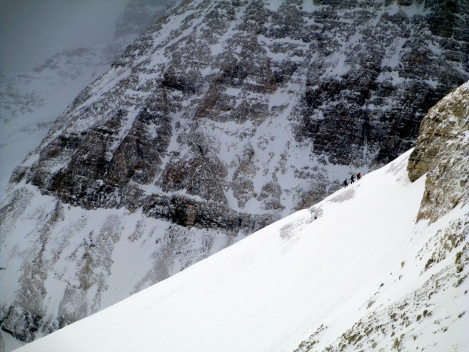 Here is Barry Blanchard guiding the beautiful north east ridge of Mt Strom. In the background is the mighty Assiniboine.