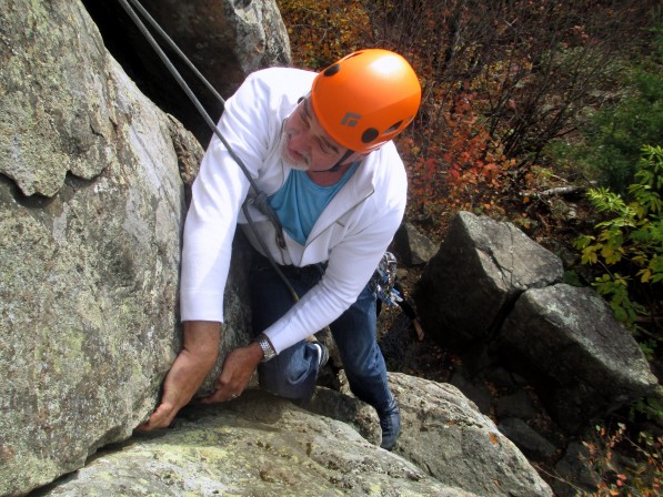 Mayor of Thunder Bay, Keith Hobs, climbing at the Bluffs, which overlook Lake Superior