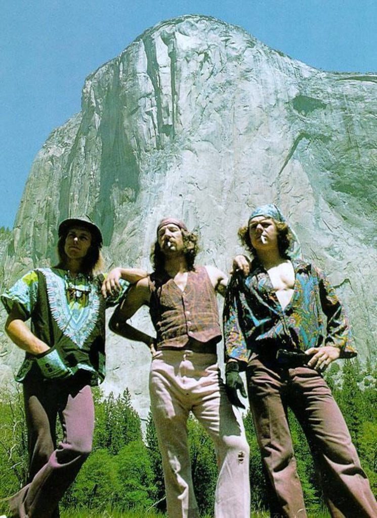 The Nose in a Day team of Billy Westbay, Jim Bridwell and John Long stand in El Cap Meadow below The Nose in 1975. Photograph courtesy Stonemasters Press
