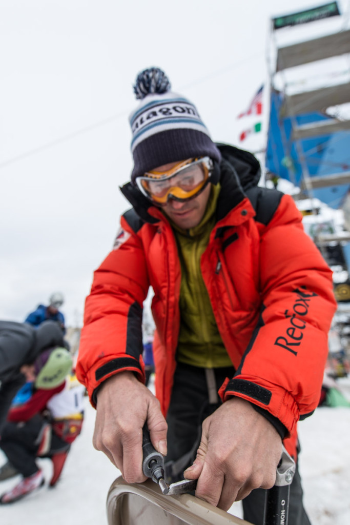  Pavel Dobrinskiy, UIAA route-setter for the Open Final, was sharpening competitors’ picks and crampons with a Dremel ahead of the Speed Comp. Photo Rafal Andronowski