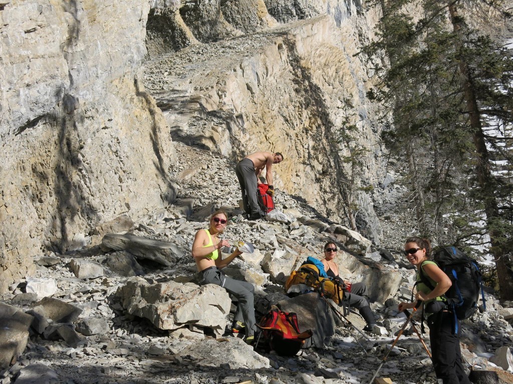 Climbers at the base of Bellavista Wall, shirts off weather!  Photo Greg Tos