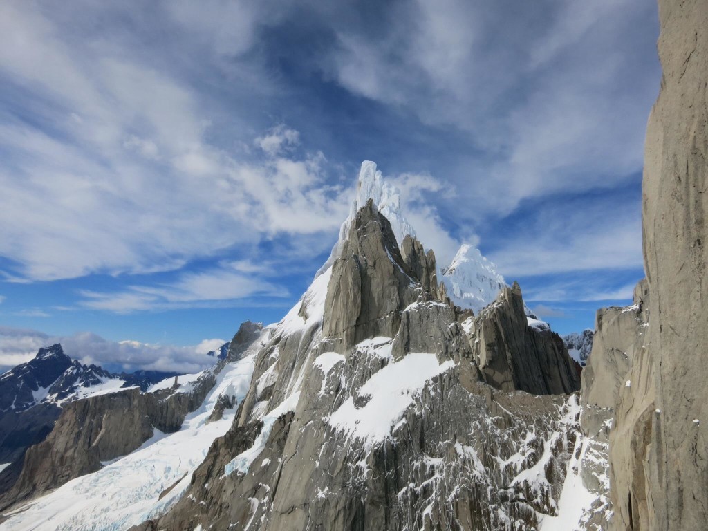 A rime covered Cerro Torre stands in the distance  Photo Jonny Simms 