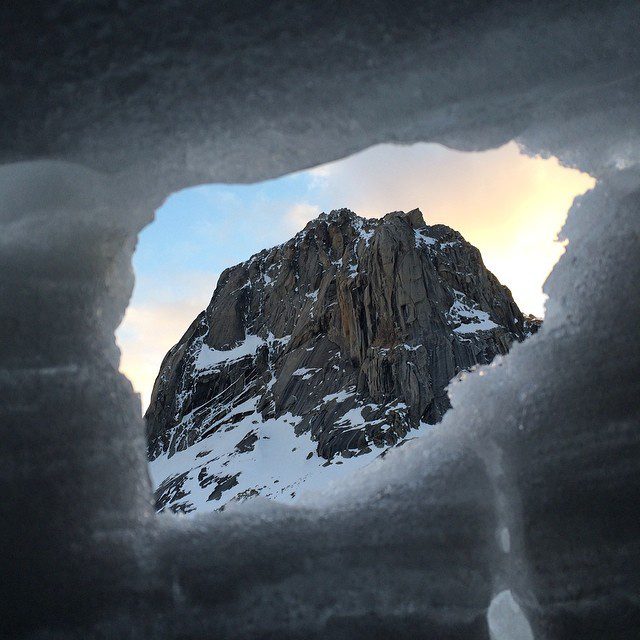 "The 600-m SE buttress of Angel Peak as seen from our igloo. We climbed a new mixed route on this face on our second day in The Revelations" Kris Irwin