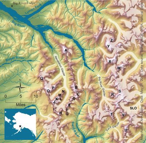Map of the Revelation Mountains in Southwest Alaska. Highlights include: 1) Mt Hesperus northeast face – unclimbed 1,500 m direct line (A on map) 2) Golgotha east face – unclimbed 1,200 m direct line (H on map) 3) Pyramid Peak west face – twice attempted 1,200 m direct line, featuring a WI6 pillar 800 m up the route (D on map) 