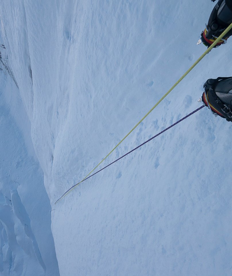 "Where's the pro!! looking down the AI5 pitch after it finally backed off a bit. 700+ft of heady climbing with NO pro whatsoever and we still had another pitch of the same but harder ahead.....hopefully we'll never do that again....."