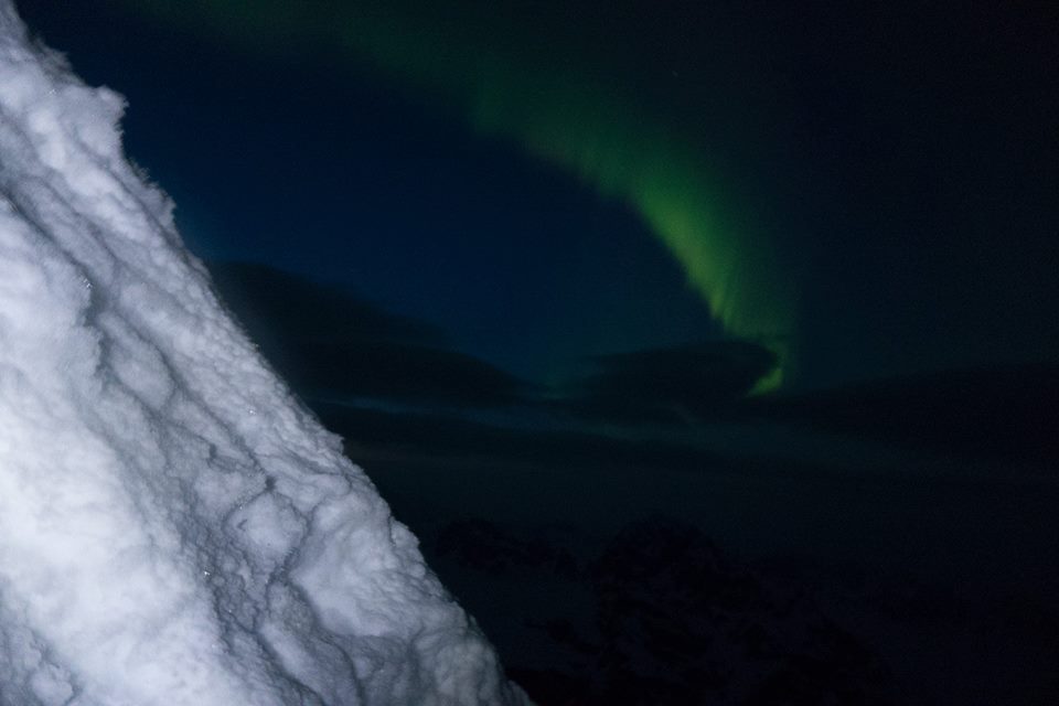 " Northern Lights on the final push to the summit. Everyone said they don't come out this time of year. Soooo coooool!" 