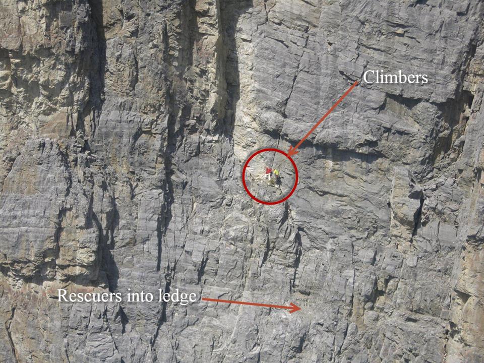 This image shows where the climbers were before being lowered to the new station to be rescued  Photo Kananaskis Parks