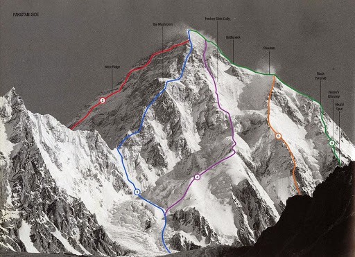 K2's south side Green is the Abruzzi Ridge and Orange is the Cesen Route