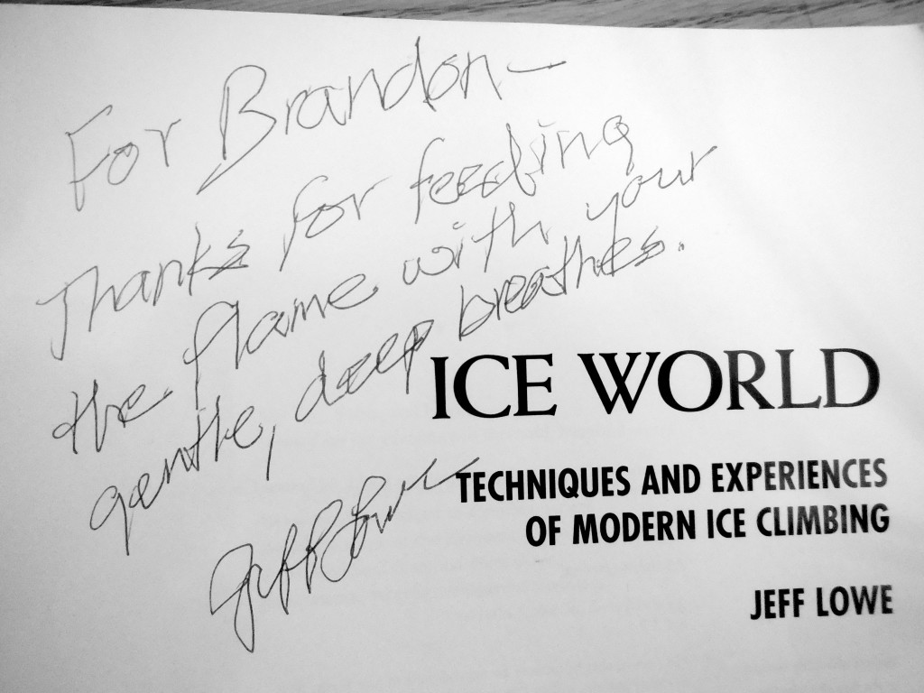 Pullan's signed copy of Jeff Lowe's Ice World, signed on Nov. 4 in Banff 