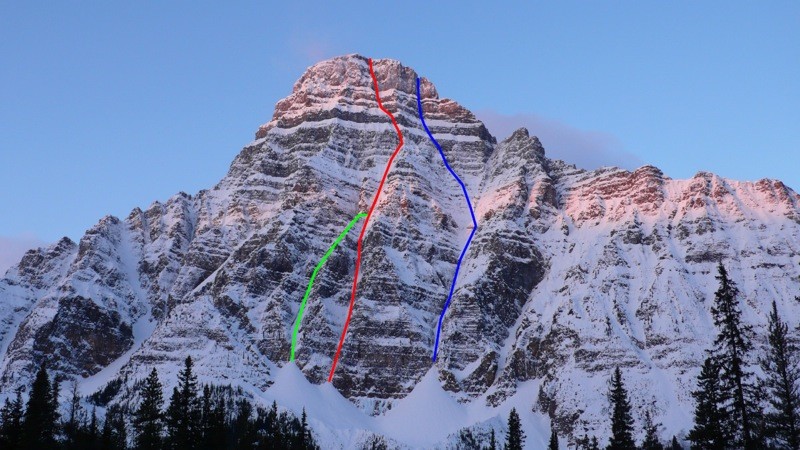 The northeast face of Mt. Chephren, showing The Wild Thing with the direct start (red) and the original start (green; Arbic-Blanchard-Robinson, 1987), and The Dogleg Couloir (blue; Darbellay-Slawinski, 2008). Pierre Darbellay