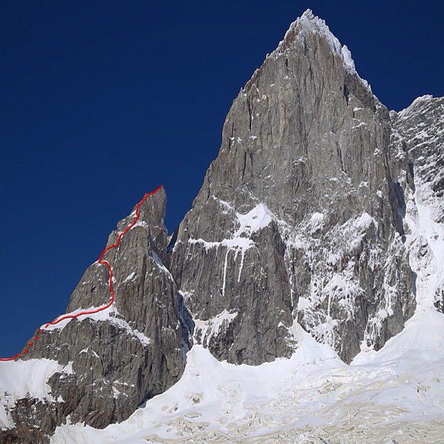 Colin Haley wrote this about his photo on Facebook: "The spire on the left is the one climbed by Rob Smith and myself on Nov. 21, and subsequently named Aguja Antipasto (with our route, Romance Explosion marked). Despite being of decent stature (the route is roughly 500 m of technical climbing, with a 500 m approach buttress), the name is a reference to our spire being dwarfed by the main course behind. The face of this unclimbed tower is at least 1,000 m, and I would guess more like 1,300 m. I have zero doubt that it is a more difficult face than the east face of Cerro Chalten (Fitz Roy). There are two very distinct summit towers. The most difficult unclimbed mountain in Patagonia?" Photo Colin Haley