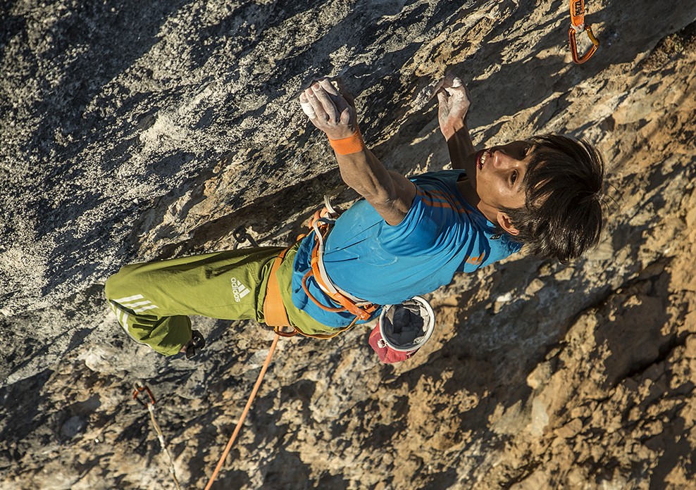 Sachi Amma closes in on the chains of his hardest route yet, Fight or Flight 5.15a in Oliana, Spain.  Photo Eddie Gianelloni
