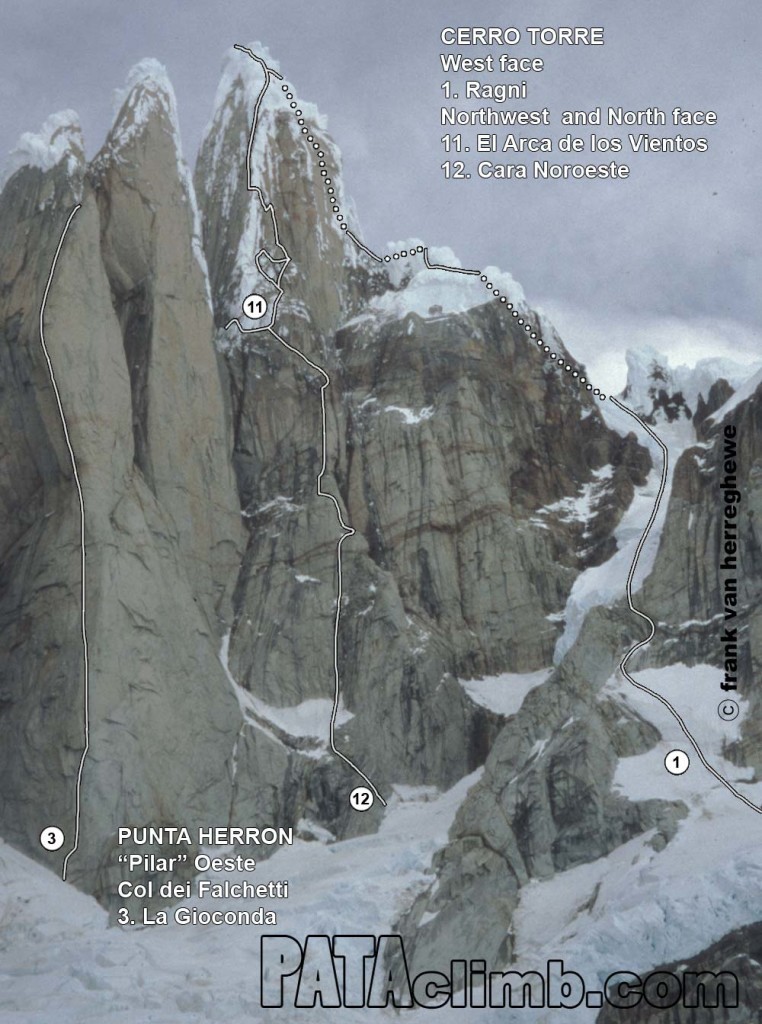 The north and northwest faces of Cerro Torre. Few routes climb this massive wall. One can speculate where Leclerc and his partner climbed.  Photo Pataclimb  (click on the image for more details to this wall)