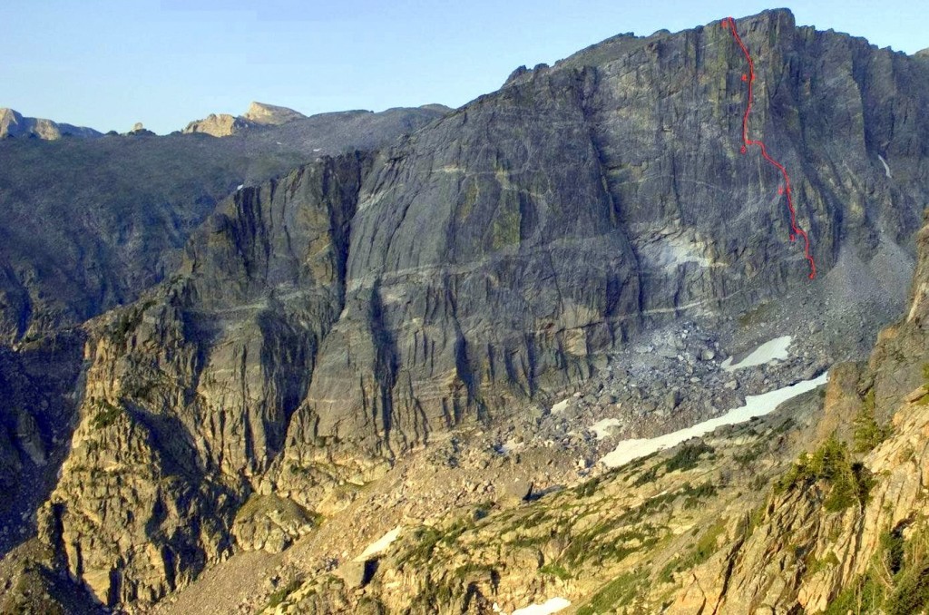 Hallett Peak with Analysis Paralysis on the far right marked in red. Photo Adam Paashaus