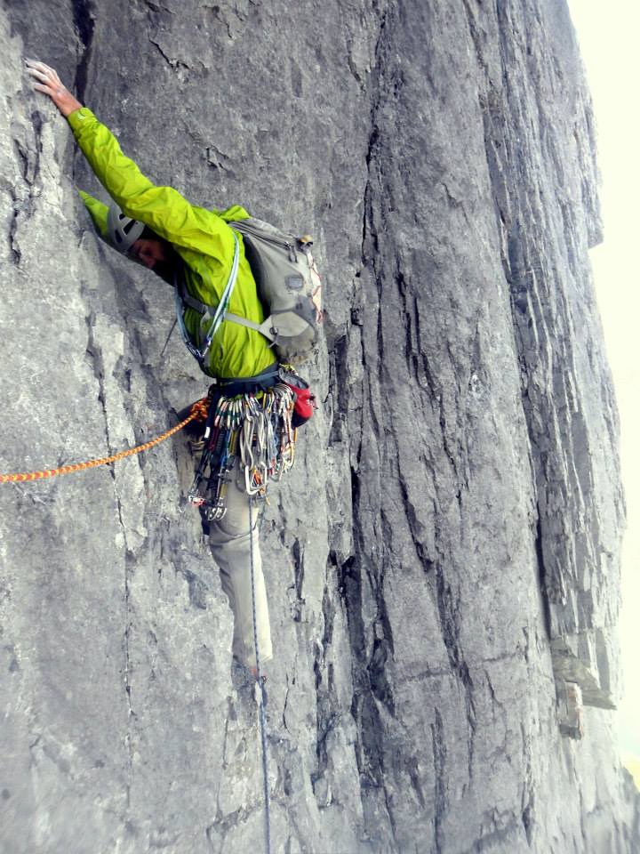Cian Brinker starting up the crux pitch of Remembrance Wall. Photo Brandon Pullan