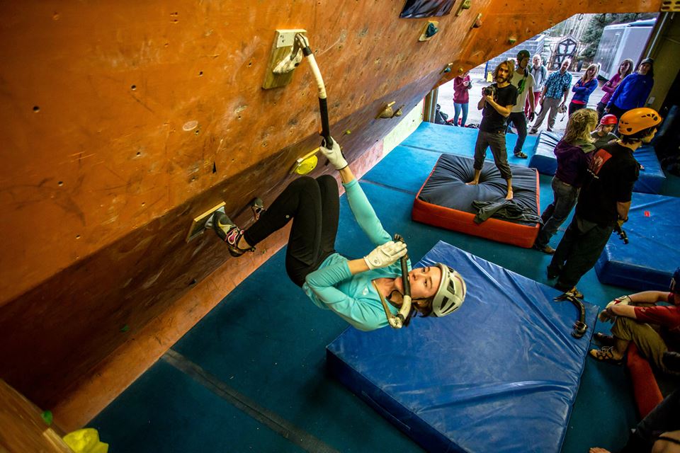 Karlee Hall during her winning climb at the Canmore Bouldering Cave Mixed Comp  Photo John Price Photography