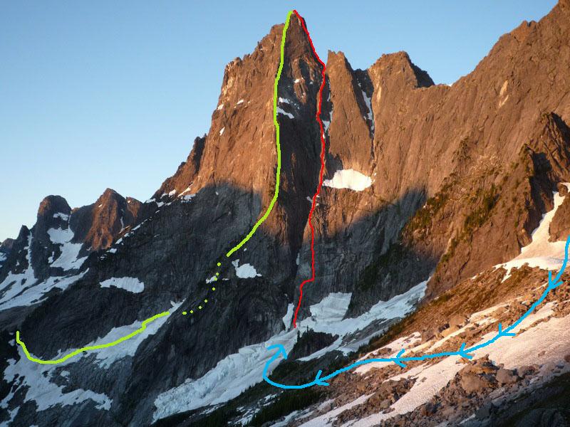 Slesse Mountain  Photo Marc-Andre Leclerc Slesse Mountain in southern British Columbia, showing the Northeast Buttress (yellow/green), North Rib (red), descent route (blue).  Source: Leclerc's blog