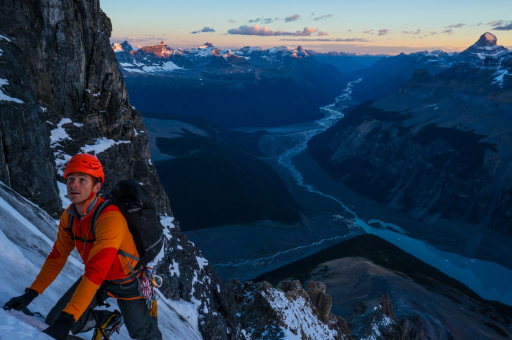 Colin Haley on the Canadian Rockies' Mount Columbia's North Ridge.  Photo Ian Welsted