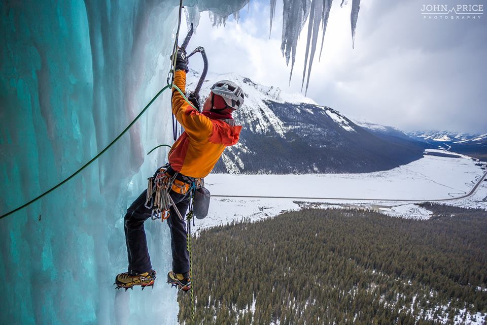 "Takeshi is one of the strongest and most psyched climbers in the Bow Valley. I love tying into a rope with this guy! He tolerates my limited Japanese phrases that I blurt out with excitement. We've only had a few days out my friend but I look forward to many more. Here is the man himself working his way around a curtain of ice on Cyber Pasty Memoria' with the Icefields Parkway stretching away in the distance."
