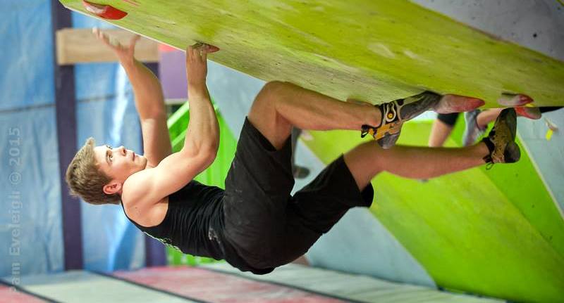 Andrew Funk climbing at the Rock Jungle. Photo Pam Eveleigh