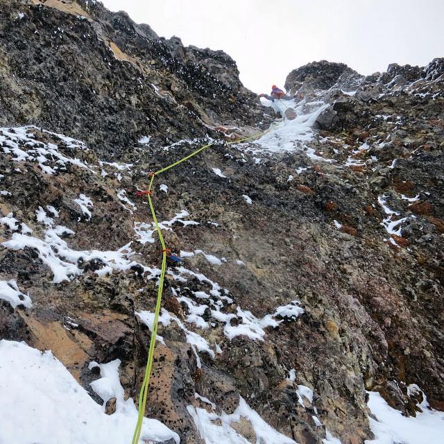 "If the pro's no good, just put in a lot - it'll at least slow you down, and one piece among the bunch will probably hold! Climbing the second pitch of Kimchi Suicide Volcano." - Wrote Colin Haley.  Photo Sarah Hart / Source: Colin Haley's Facebook page