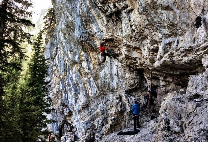 Just another day at the office, Evan climbing at Acephale Alberta.  Photo Josh Muller