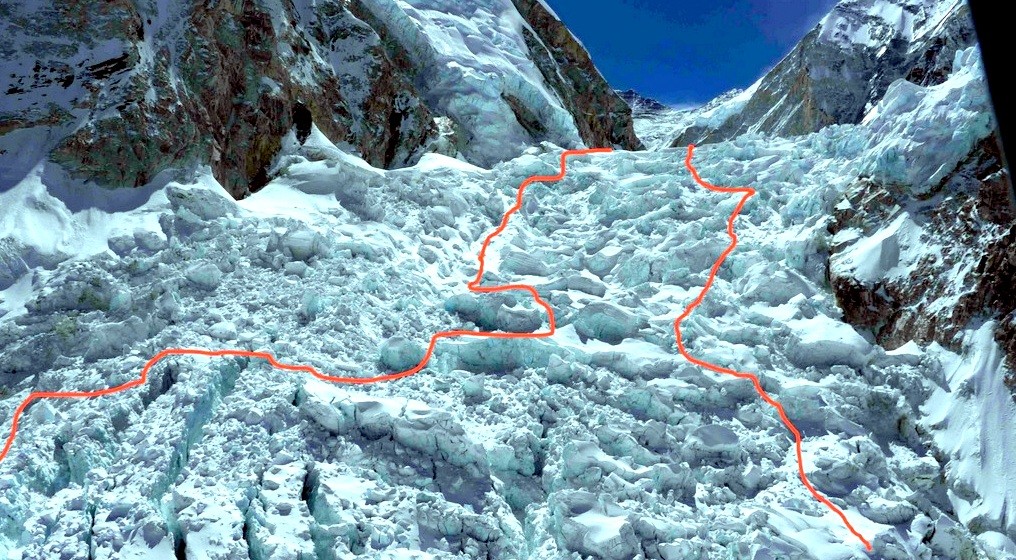 Garret Madison's photo of the new route (on the right) through the Khumbu Icefield.