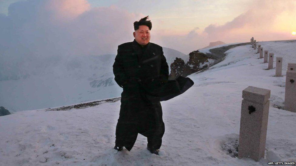 Kim Jong-un, the North Korean leader, has been photographed being cheered by fighter pilots at the peak of the nation's highest mountain.  Photo Getty Images