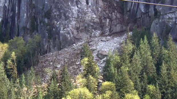 The aftermath of the Squamish rockfall and the downed trees.