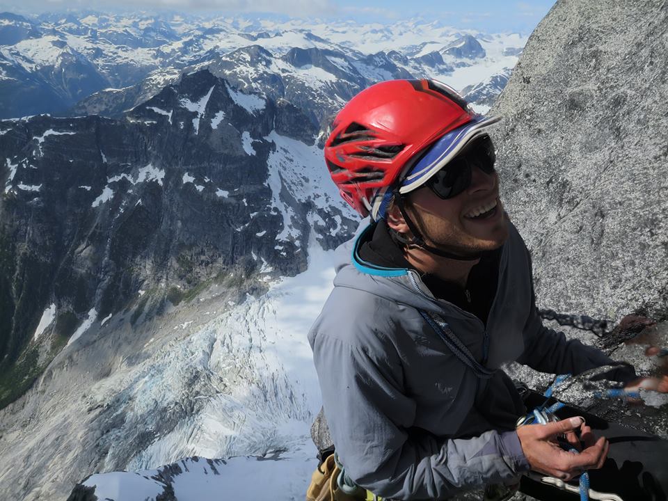 Luke Neufeld on the mid-June first free ascent of School of Rock on Mount Bute.  Photo Jason Ammerlaan