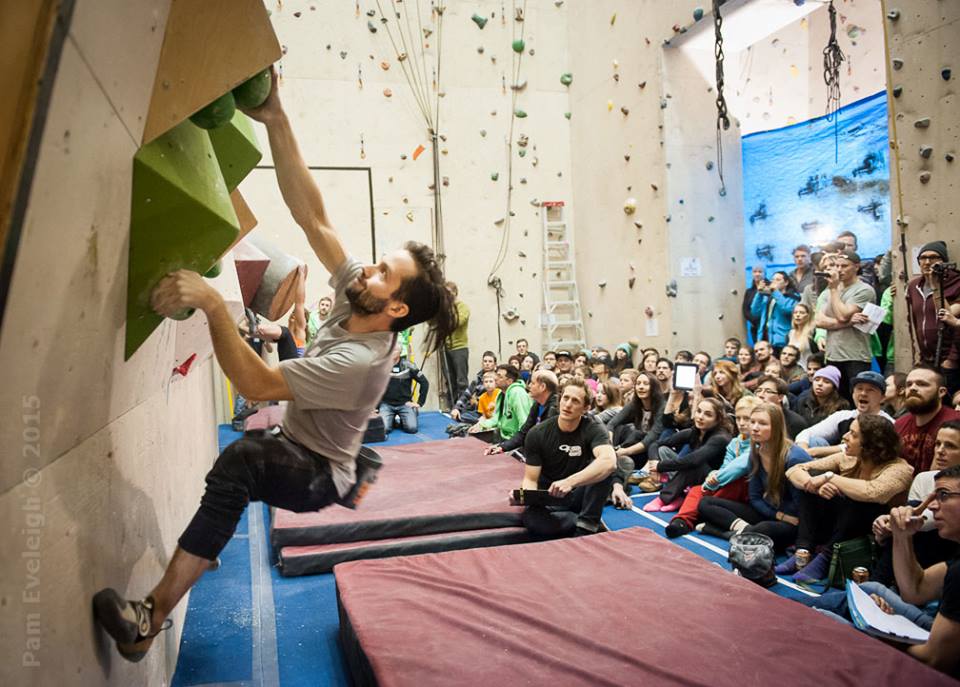 Jason Holowach climbing at his own gym, Grip It in Saskatoon.  Photo Pam Eveleigh