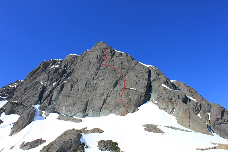 The east face of Sutton Peak with Van Horne and Morris' new route in red.  Photo Van Horne