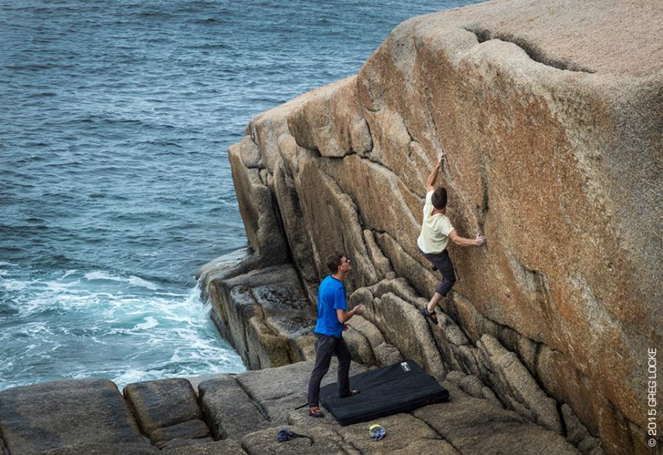 Climbers on one of the many new problems on Fair Island. Photo Greg Locke