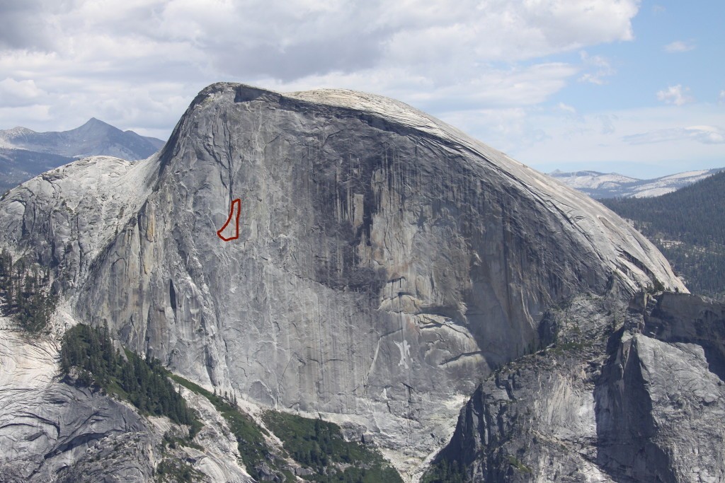 The area on Half Dome's Northwest Face route that fell off is circled.
