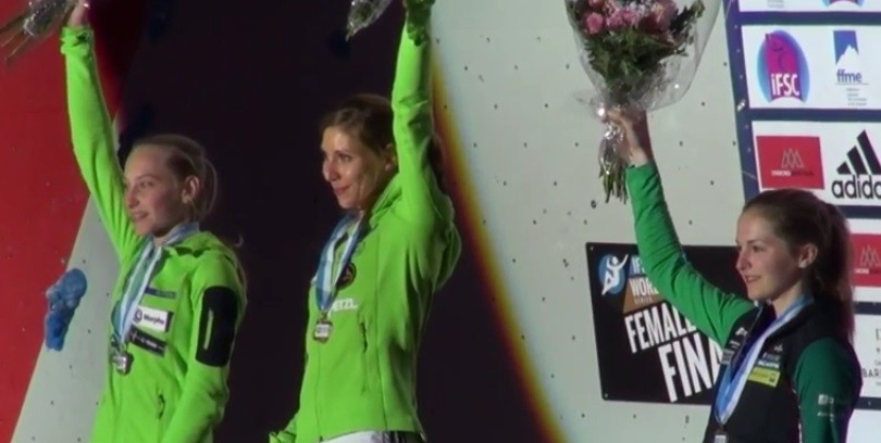 Chamonix World Cup women's lead podium.  Photo IFSC