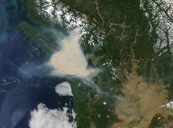 An image from NASA showing the hanging cloud of smoke over the West Coast of B.C. 