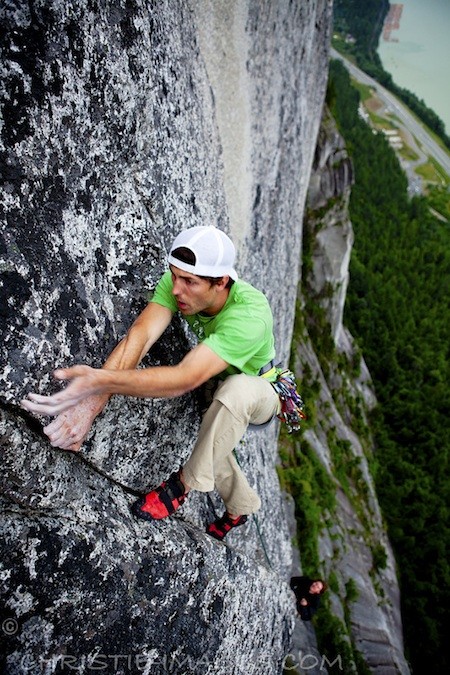 Sonny Trotter on Edge Of Pan 5.13b in Squamish. Photo Chris Christie
