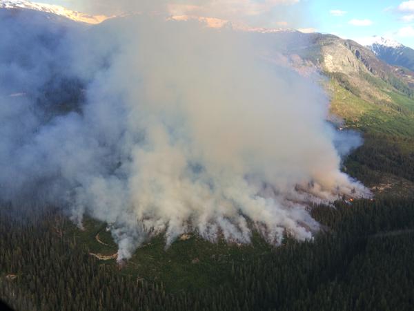 Forest fire burning north of Squamish, in the Elaho Valley.  Photo Global News