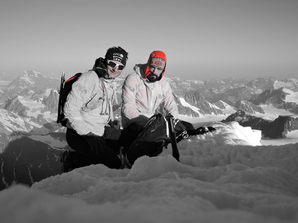 Ueli Steck and Andi Wälchli on the summit of Dent d'Hérens.  Photo 82 Summits Facebook page