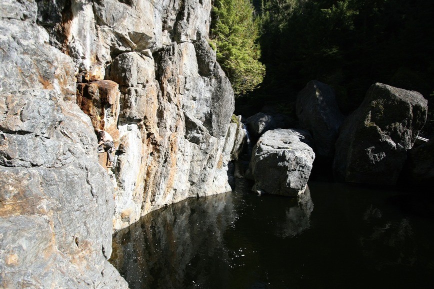 Deep water soloing above the Jordan River on Vancouver Island.