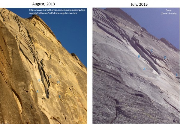 Before and after photos. If you look down and right of the letter A, you can see the large flake and ledge that is missing in the second photo. Photo JSB on Supertopo