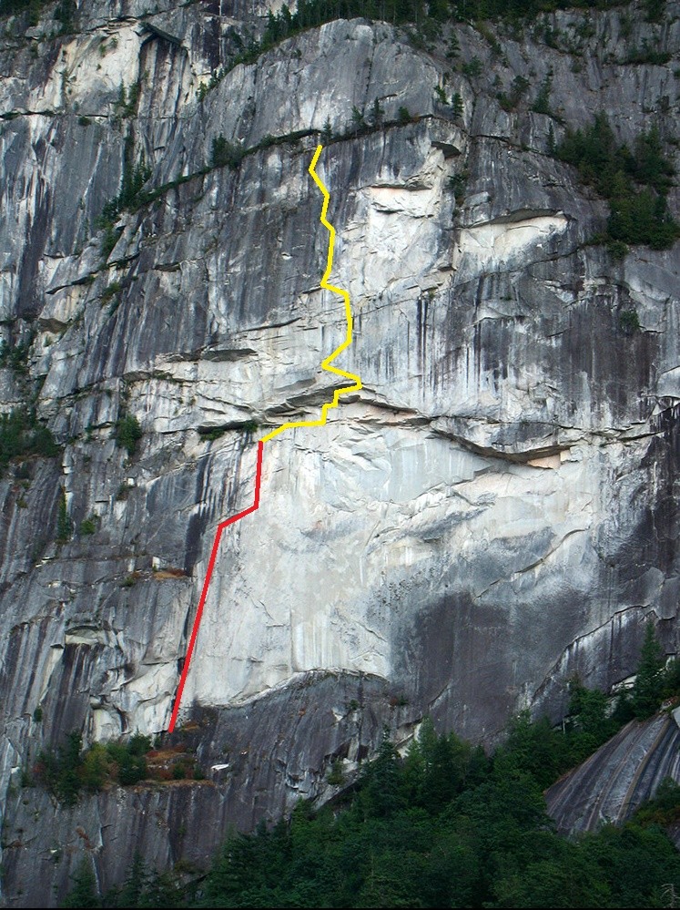 The Sheriff's Badge. The red line is The Daily Planet 5.12b [First complete first ascent was by Perry Beckham and Brooke Sandahl in 1986], the Yellow line is The Daily Universe [FA Tony McLane and Jorge Ackermann in August 2015].