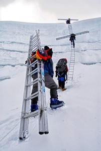 The Icefall Doctors carry light-weight aluminum ladders to fix up seracs and over crevasses.