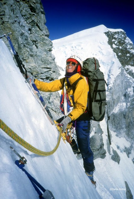 Sharon Wood at about 6300 meters (20,700 ft.) on Huascaran Sur, Cordillera Blanca, Peru during the first ascent of the Route of the Southern Cross on the Anqosh Face, 1985. She was climbing with a cracked scapula in her right shoulder as a result of being struck by falling rock 4 days earlier in the climb.