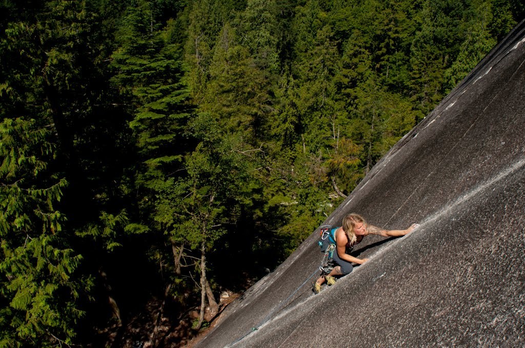 Danielle Arsenault on Klahani Crack 5.7, which is next to the first pitch of Charlotte's Ride to the Sky.  Photo Alain DenisDan