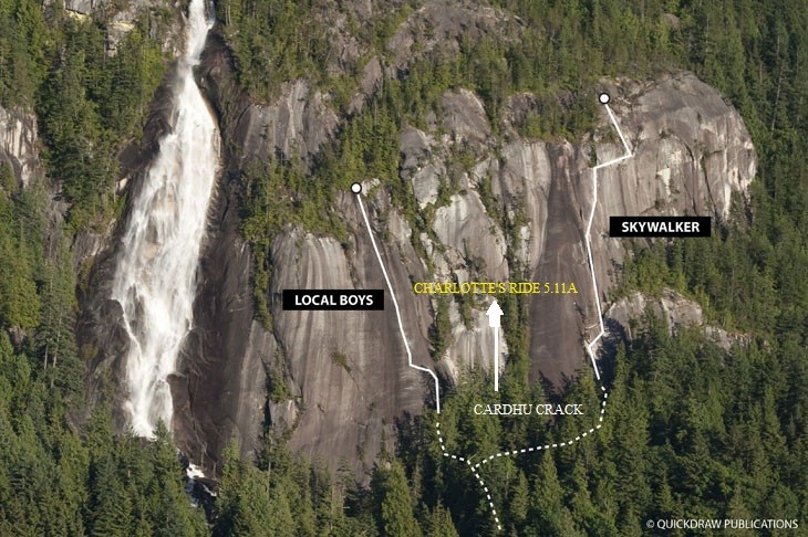 Shannon Falls climbing area. Two of the more popular climbs are Local Boys Do Good 5.11 and Skywalker 5.8. Cardhu Crack 5.8 leads into the new Charlotte's Ride to the Sky 5.11a. Photo/Source Quickdraw Publishing